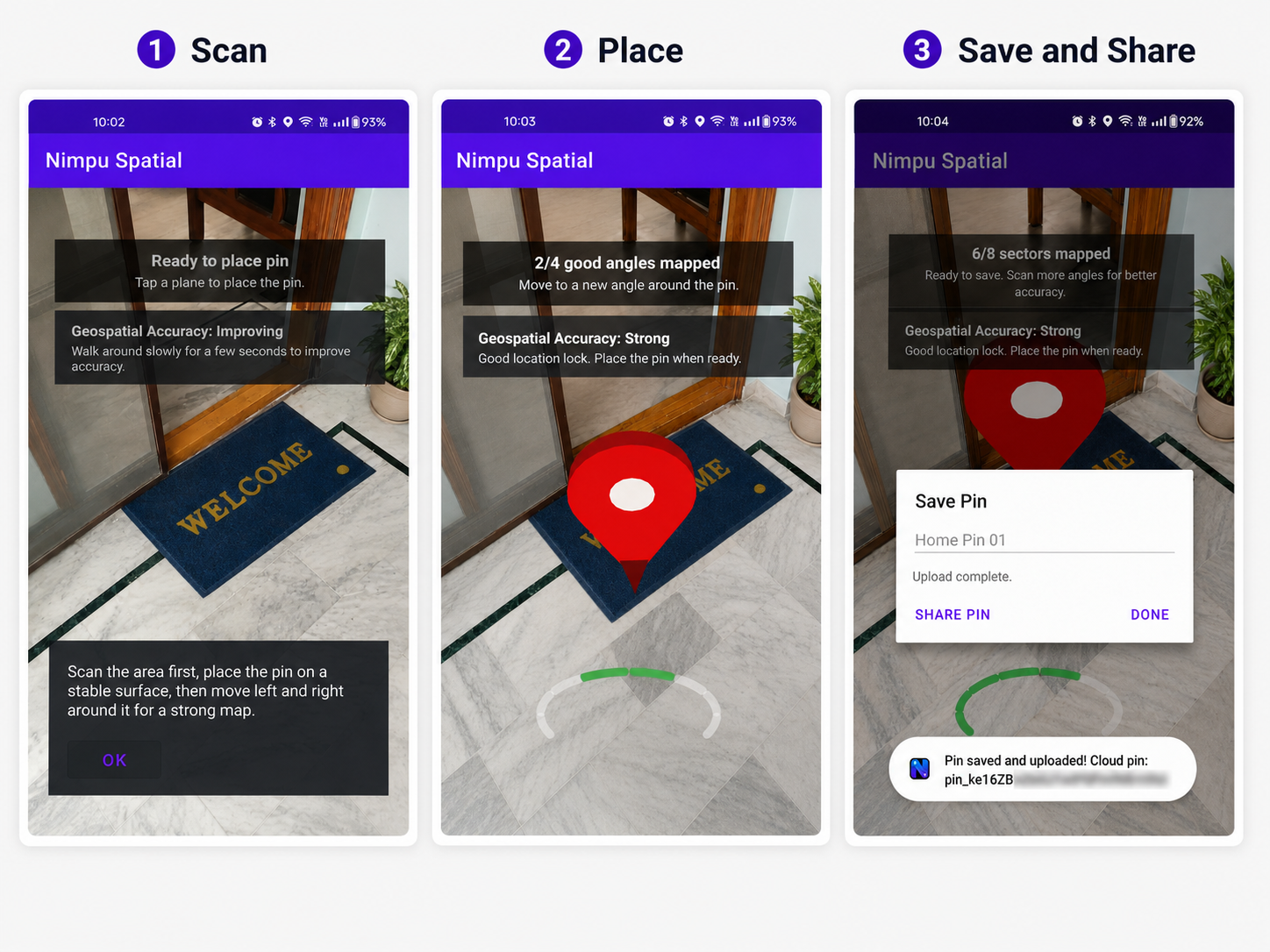 Nimpu Spatial create pin flow: scan, place, save and share